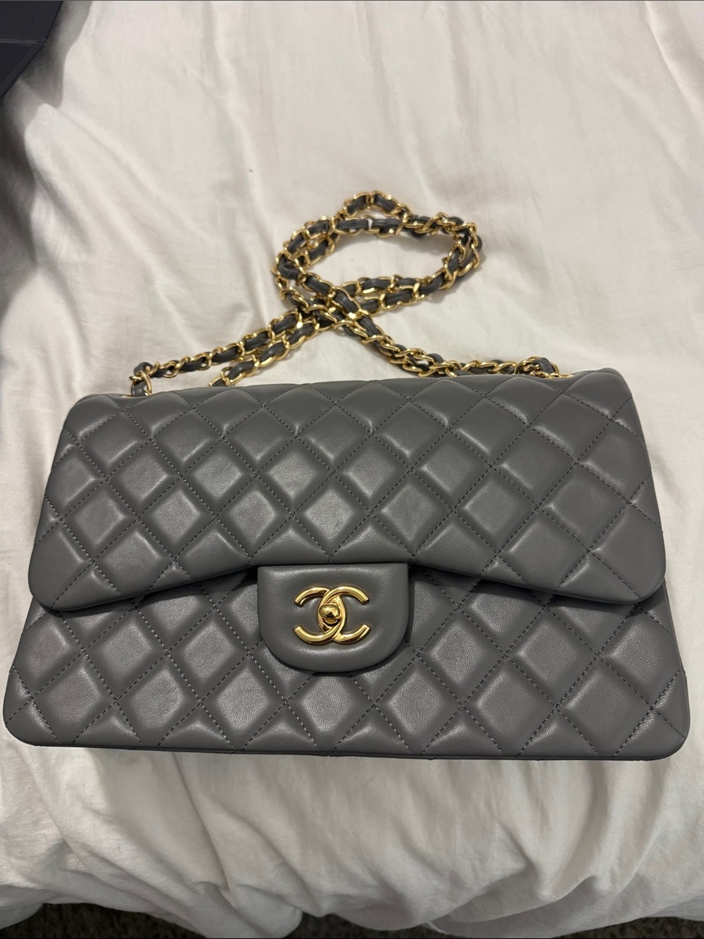 CHANEL Quilted Lambskin Shoulder Bag in Gray with Gold Hardware